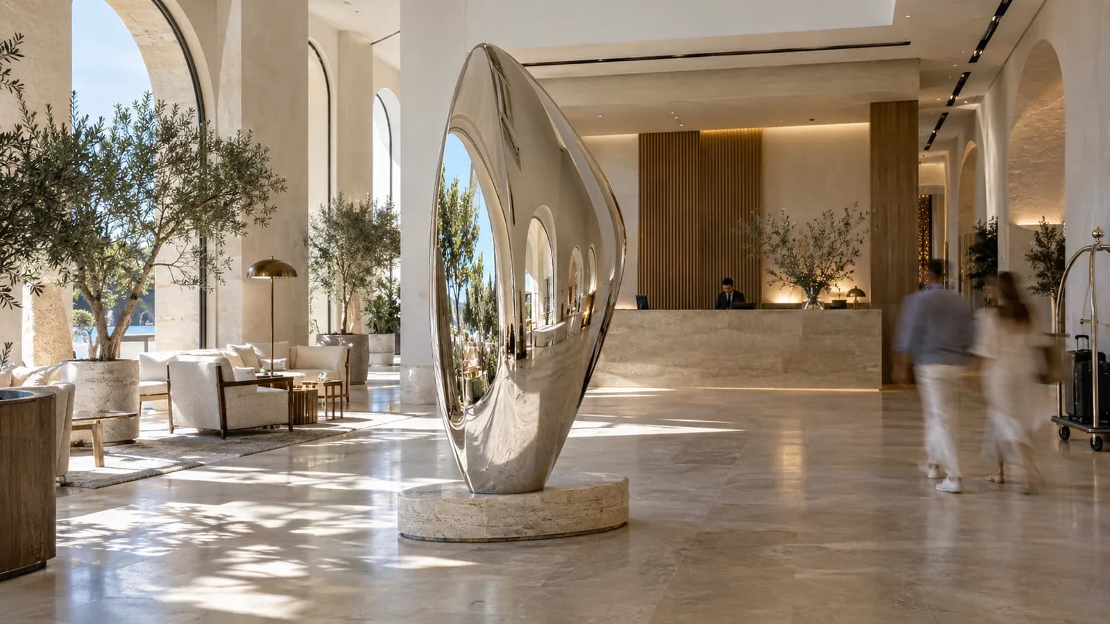 Zona común de un hotel de costa con una forma propia