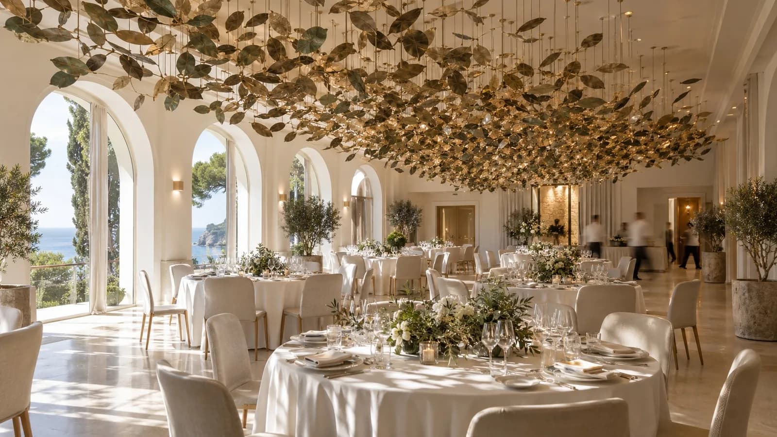 Salón de banquetes con una pieza suspendida de diseño propio que entra en todas las fotografías de la boda