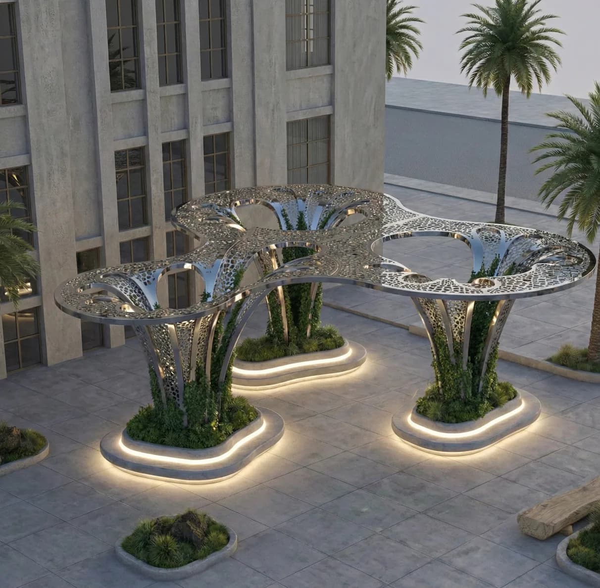 The same device in mirror-polished stainless steel at dusk: the light sits inside the bases of the structure and the square needs no separate posts