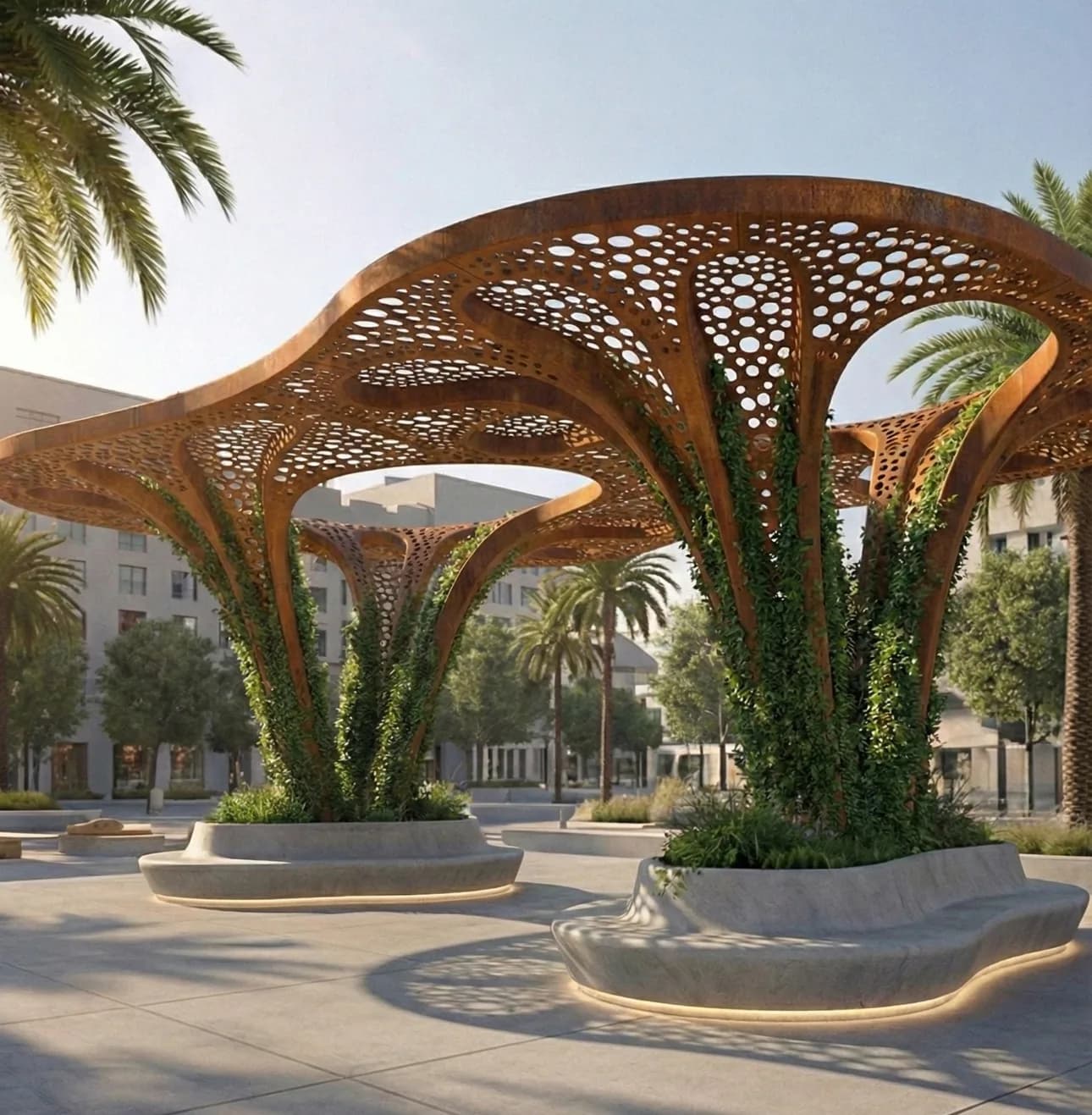 A Corten steel pergola designed for an urban square: the perforation draws the shade, and the pattern on the paving shifts through the day